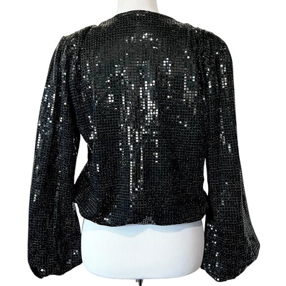 Womens Black Sequin Top Wrap Style V-Neck Long Balloon Sleeves Party Glam Sz M - Picture 5 of 8